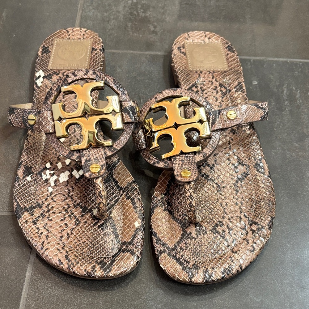 Tory Burch Snake-Print Miller Thong Sandals with Gold Logo Medallions